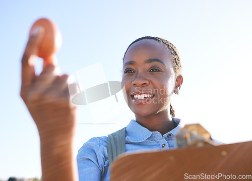 Image of Woman, quality and egg in hand on farm with clipboard outside for sustainable small business in Africa. Poultry farming inspection, checklist and happy black farmer in countryside with sky and smile.