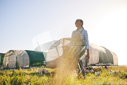 Image of Chicken farm, happy black woman and agriculture on a eco friendly and sustainable with mockup space. Countryside, field and agro farmer with smile from farming, animal care work and working in nature