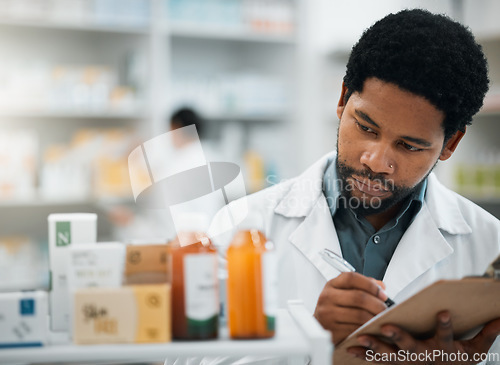 Image of Pharmacist, checklist and medicine inventory, healthcare stock and survey or inspection for quality assurance. Medical African man or doctor writing on clipboard for drugs, product or pharmacy pills