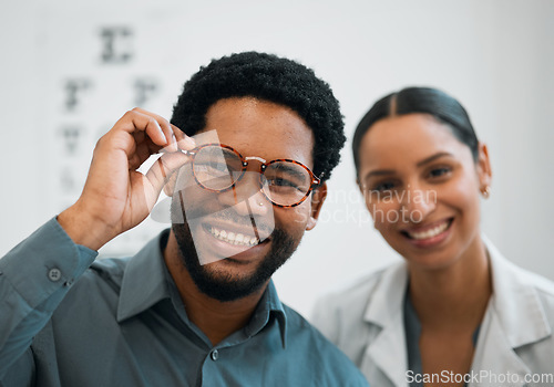 Image of Black man, woman and glasses, eye care in portrait and optometry with health, vision and happiness. Prescription lens, frame choice and healthcare, eyewear and optometrist with wellness and medical