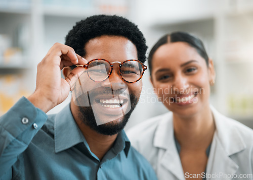 Image of Black man, woman and glasses, vision and eye care, portrait and optometry with health and happiness. Prescription lens, frame choice and healthcare, eyewear and optometrist with wellness and medical