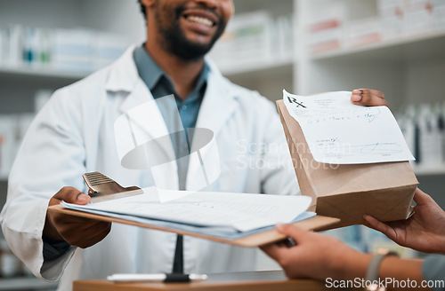 Image of Pharmacist hands, checklist and medicine package for customer service, healthcare or retail drugs in consultation. Medical worker or doctor in pharmacy giving documents, pills and insurance questions