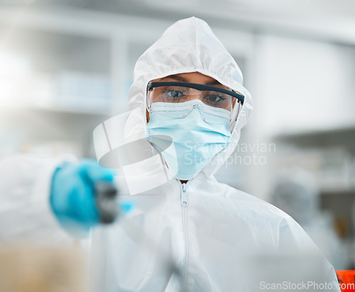 Image of PPE, disinfection and health, person in face mask and hygiene, cleaning and safety from bacteria and virus. Covid, compliance and healthcare, pharmacy and sanitize with cleaner and chemicals