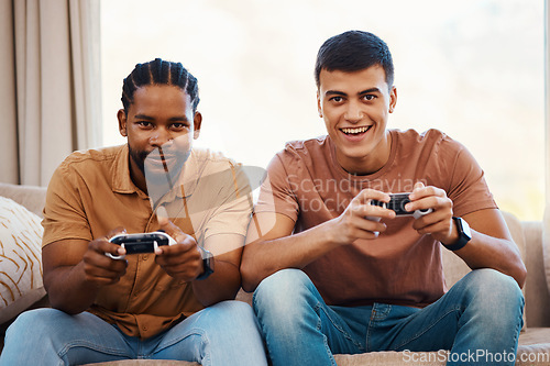 Image of Men on sofa with video games, excited fun and relax in home living room together on internet with controller. Online gaming, esports and happy gamer friends play on couch on virtual app in apartment.