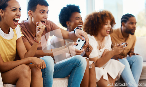 Image of Excited friends together on couch, video game fun and relax in home living room playing with controller. Online gaming, virtual esports app and sofa, happy group of gamer men and women in apartment.