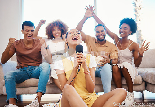 Image of Microphone, excited or friends singing in home living room together in a party on holiday vacation break. Girl singer, happy men or group of funny women laughing in a fun karaoke celebration or game