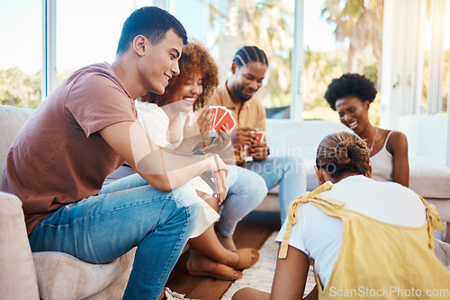 Image of Home, happy people or friends playing cards, poker or gambling in black jack to relax together in a party. Smile, men or group of women laughing in living room in a fun match or game on holiday