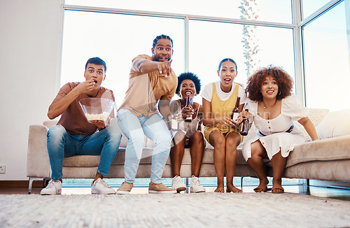 Image of Beer, popcorn and friends watching tv, surprise and bonding in home living room together. Wow, happy people and group on television to drink alcohol, streaming movie or film, eating food and relax