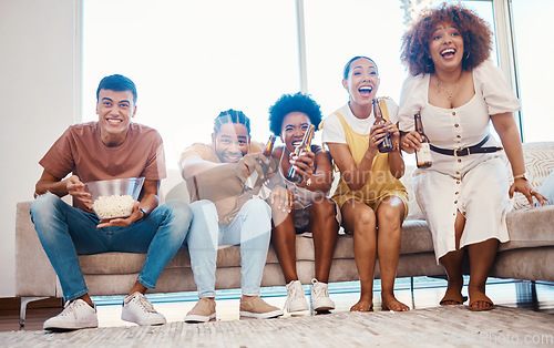 Image of Beer, popcorn and friends watching tv, excited and bonding in home living room together. Food, happy people and group on television to drink alcohol, streaming movie and video film to relax on sofa