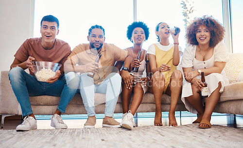 Image of Beer, popcorn and friends streaming television in home living room, bonding and having fun together. Food, happy people and group on tv to drink alcohol, watching movie and film to relax on sofa.