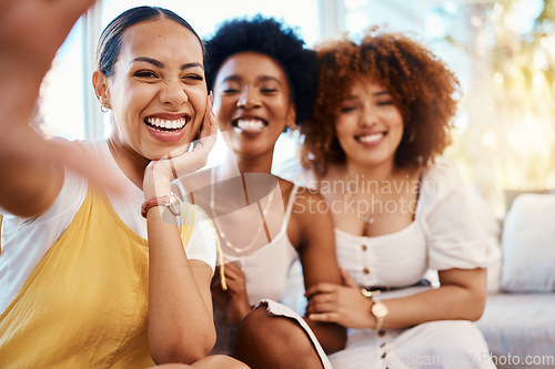 Image of Portrait smile, wink and selfie of friends in home living room, bonding and having fun on sofa. Face, profile picture and group of people, women or girls in photography, happy memory and social media