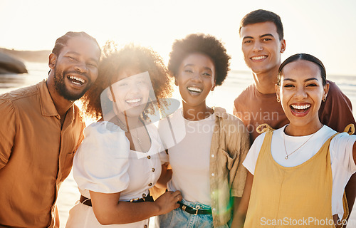 Image of Smile, selfie and travel with friends at beach for support, social media and diversity. Happy, relax and profile picture with portrait of people in nature for community, peace and summer vacation