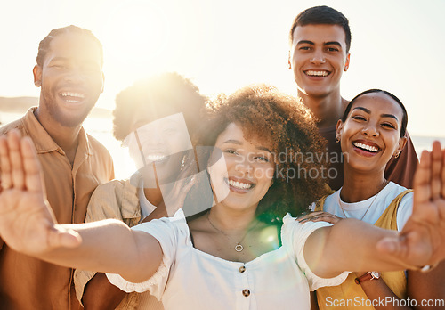 Image of Happy, selfie and portrait with friends at beach for support, social media and diversity. Smile, relax and profile picture with group of people in nature for community, peace and summer vacation