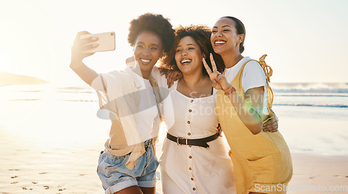 Image of Women, selfie and peace sign with friends at beach for support, social media and diversity. Smile, relax and profile picture with group of people in nature for community, peace and summer vacation