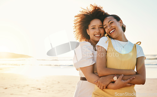 Image of Portrait, sunset and lgbt couple on the beach together for romance or relationship bonding on a date. Mockup, love and a gay woman with her lesbian girlfriend by the sea or ocean for their honeymoon