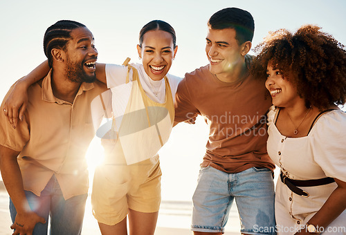 Image of Summer, hug and travel with friends at beach for freedom, support and sunset. Wellness, energy and happy with group of people laughing by the sea for peace, adventure and Hawaii vacation together