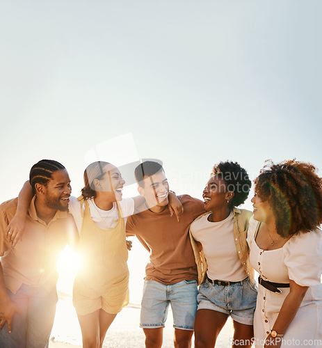 Image of Friends, summer and people happy at sunset beach for fun, banner space and travel with a smile. Diversity, men and women group in nature with a laugh, love and happiness on a vacation or holiday