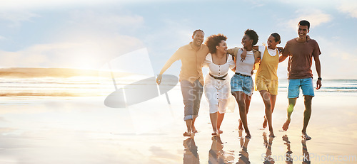 Image of Relax, happy and travel with friends at beach for freedom, support and sunset. Wellness, energy and summer banner with group of people walking by the sea for peace, adventure and vacation mockup