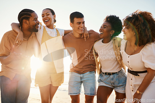 Image of Summer, funny and travel with friends at beach for freedom, support and sunset. Wellness, energy and happy with group of people laughing by the sea for peace, adventure and Hawaii vacation together