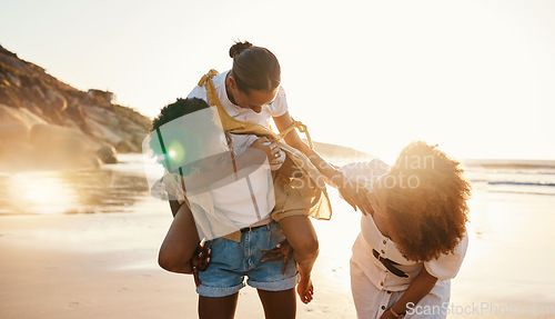 Image of Beach, sunset and friends piggyback, fun ride and reunion on social holiday, outdoor adventure and summer wellness. Sunshine flare, freedom and young women bonding on nature walk, trip or journey