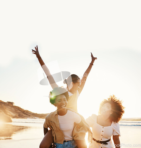 Image of Beach sunset, happy and group of friends piggyback, smile and enjoy travel vacation, summer freedom or tropical adventure. Having fun, wellness and gen z women excited for holiday, bonding or break