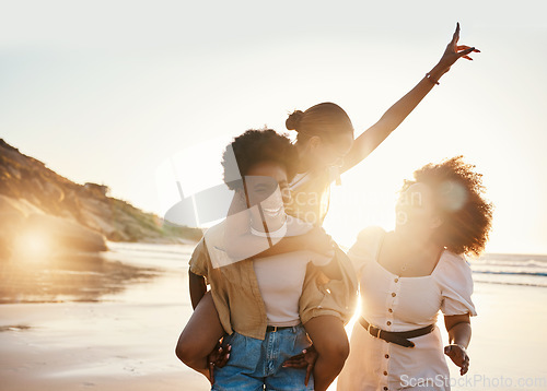 Image of Beach sunset, laughing women or friends piggyback ride, happiness and fun travel holiday, adventure and summer trip. Nature, freedom or young students smile for sunshine, world tour or social reunion