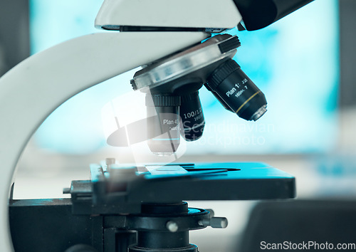 Image of Science, closeup and a microscope for research of bacteria, studying medicine or dna in a lab. Healthcare, gear or equipment for medical analytics, pharmaceutical investigation or biotechnology