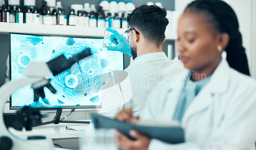 Image of Scientist, people and laboratory for planning, writing and bacteria research, virus or vaccine solution, ideas and study. Professional science woman or medical student in notebook and computer screen