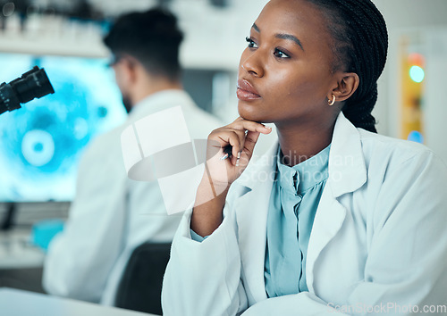 Image of Thinking, research and black woman with solution, medical or scientist in a lab, brainstorming or ideas. Planning, researcher or professional with science problem, decision or strategy for experiment