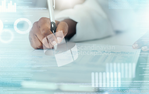 Image of Medical survey, overlay and hands of person writing answer, clinic questionnaire and reading patient feedback, results or review. Hospital data, chart graph or closeup doctor check client information