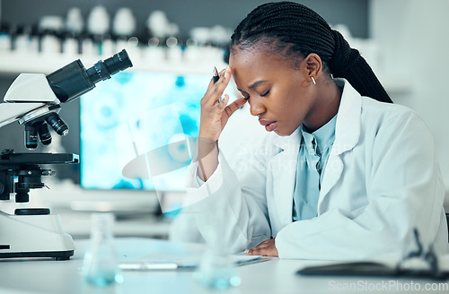 Image of Scientist, woman and headache, microscope or research checklist and stress, pain or mental health in laboratory. Science student or african person with depression for medical results on documents