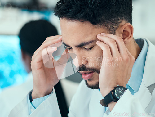 Image of Anxiety, man or scientist with headache stress in a laboratory with burnout, migraine or bad head pain. Exhausted, face or frustrated expert with medical or science research with fatigue or tension