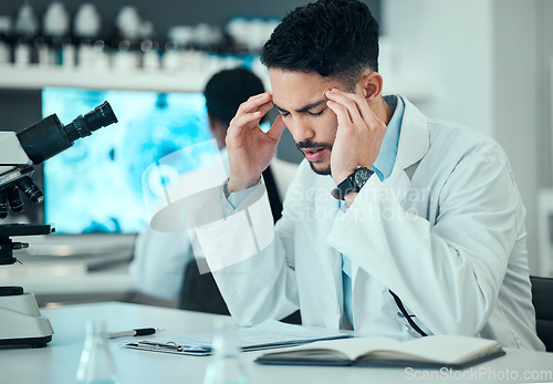 Image of Anxiety, man or sick scientist with headache stress in a laboratory with burnout, migraine or bad head pain. Exhausted, tired doctor or frustrated expert with medical or science research with fatigue