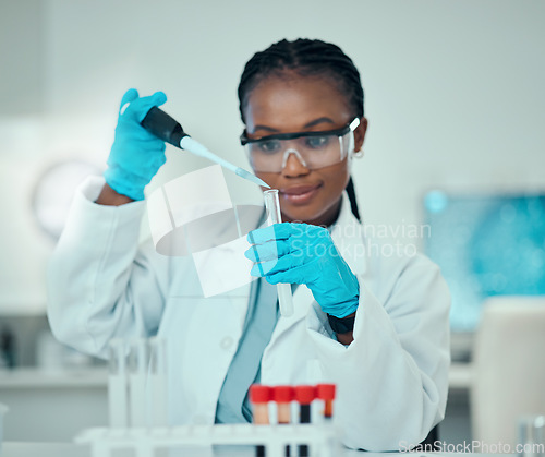 Image of Science, safety and research, black woman with pipette in laboratory and medical engineering test tube solution. Biotechnology, vaccine and liquid, scientist or lab technician checking blood sample.