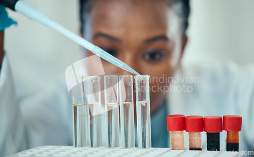 Image of Science, woman with pipette and blood in test tube, laboratory research, results and medical engineering. Biotechnology, pharmaceutical study and pathology, scientist or lab technician glass solution