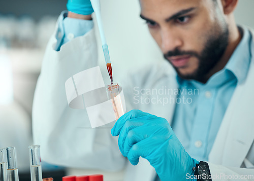 Image of Science, man with pipette and blood in test tube, laboratory research results and medical engineering. Biotechnology, pharmaceutical study and DNA, scientist or lab technician with solution.