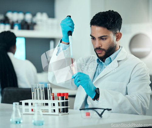 Image of Science, man with blood in pipette and laboratory research, results and medical engineering. Biotechnology, pharmaceutical study and DNA test, scientist or lab technician with solution in glass