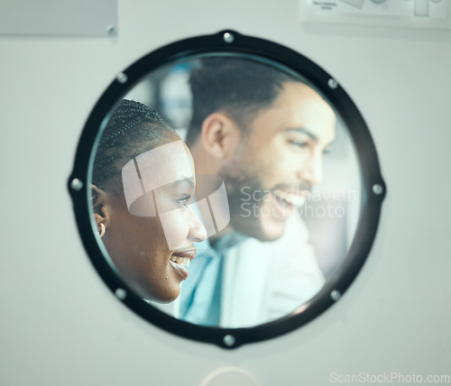 Image of Mirror frame, smile and people in a lab for healthcare innovation, research and teamwork. Happy, collaboration and diversity with scientists in a glass for partnership in pharmaceutical science