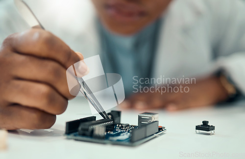 Image of Hands, engineering and cpu with person in laboratory for research, monitor and programming. Technology, data and microchip with closeup of electrician for hardware maintenance and electrical system