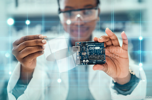 Image of Overlay, engineering and hardware with black woman in laboratory for research, monitor and programming. Technology, data and microchip with person for electrician, maintenance and electrical system