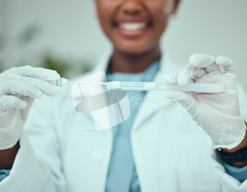 Image of Medical, pcr and cotton with hands of doctor for vaccine research, science and dna test. Pharmacy, medicine and healthcare with closeup of person and swab for virus, pathology exam and diagnosis