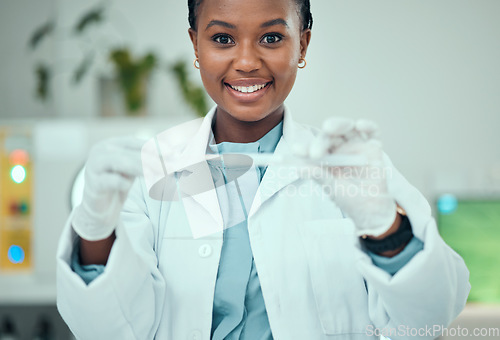 Image of Medical, pcr and cotton with portrait of black woman for vaccine research, science and dna test. Pharmacy, medicine and healthcare with doctor and swab for virus, pathology exam and diagnosis