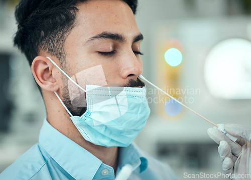 Image of Medical, pcr and consulting with man and doctor for vaccine research, science and dna test. Pharmacy, medicine and healthcare with patient and cotton swab for virus, pathology exam and diagnosis