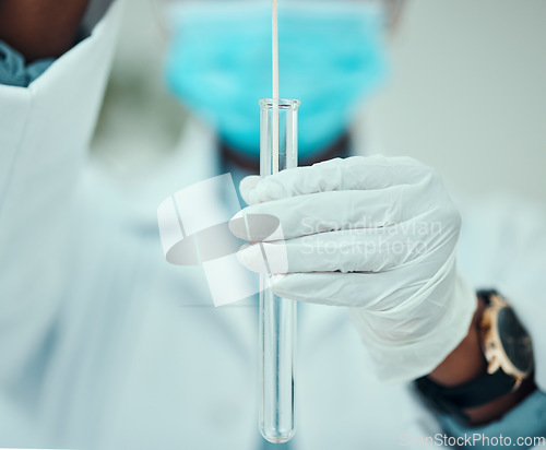 Image of Medical, pcr and dna with hands of doctor for vaccine research, science and test. Pharmacy, medicine and healthcare with closeup of person and cotton swab for virus, pathology exam and diagnosis