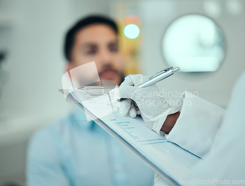 Image of Patient, hands or doctor writing medical information, notes or history record for hospital paperwork. Clipboard, consultation or nurse with documents for prescription, diagnosis or healthcare advice