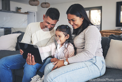 Image of Happy family, girl or parents with tablet for elearning, info or studying for education or remote learning at home. Child development, dad or mom with kid reading online ebook or news on social media