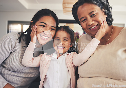 Image of Smile, women and generations with portrait of family on sofa for happy, bonding and support. Hug, relax and grandparent with mother and child in living room at home for calm, cheerful and peace