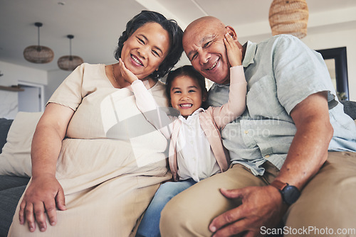 Image of Smile, love and portrait of grandparents and child on sofa for happy, bonding and support. Hug, happiness and relax with Mexico family and embrace in living room at home for calm, cheerful and peace