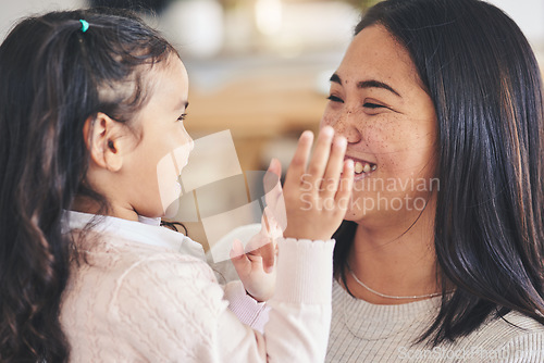 Image of Love, happy and playful with mother and daughter on sofa for smile, care and support. Funny, calm and relax with woman and young girl embrace in living room of family home for peace, cute and bonding