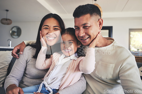 Image of Happy, love and relax with family on sofa for smile, bonding and support. Hug, happiness and lounge with Mexico parents with child and embrace in living room at home for calm, cheerful and peace